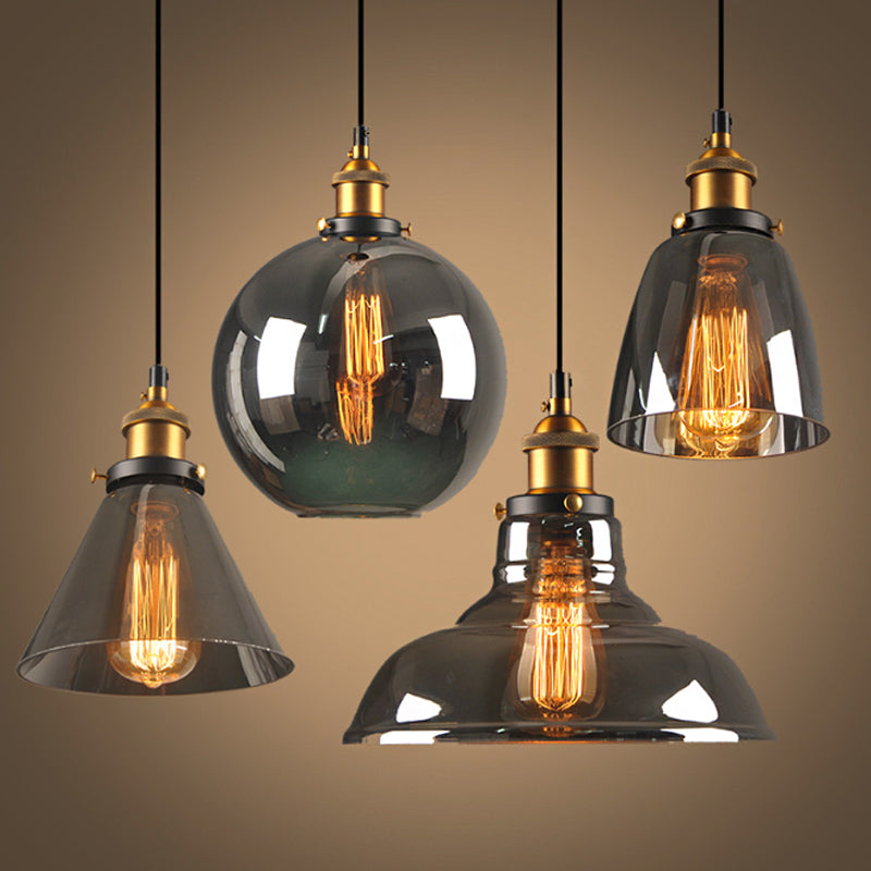 Smoky Grey Glass Pear/Globe Pendant Lamp Retro Style 1 Head Bedside Ceiling Hanging Light in Brass Clearhalo 'Ceiling Lights' 'Glass shade' 'Glass' 'Industrial Pendants' 'Industrial' 'Middle Century Pendants' 'Pendant Lights' 'Pendants' 'Tiffany' Lighting' 1934383