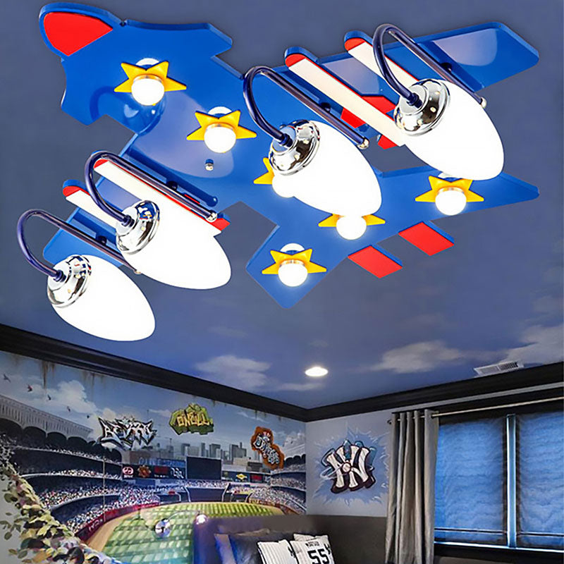 American Style Airplane Ceiling Lamp Wood 4 Lights Blue Ceiling Mount Light for Boys Bedroom Blue Clearhalo 'Ceiling Lights' 'Close To Ceiling Lights' 'Close to ceiling' 'Flush mount' Lighting' 193439