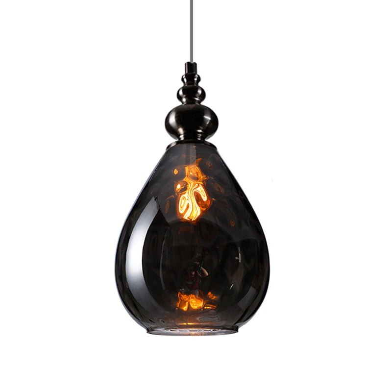 1 Bulb Raindrop Ceiling Hang Light Vintage Amber/Clear Water/Smoke Grey Glass Pendant Lamp with Gooseneck Arm Clearhalo 'Ceiling Lights' 'Glass shade' 'Glass' 'Industrial Pendants' 'Industrial' 'Middle Century Pendants' 'Pendant Lights' 'Pendants' 'Tiffany' Lighting' 1934399