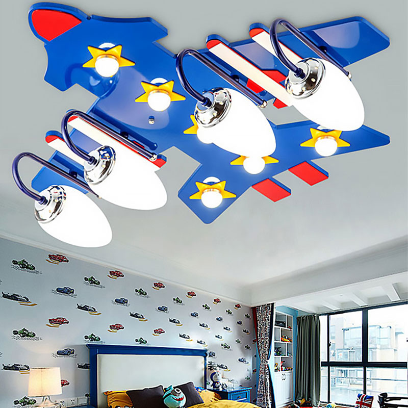 American Style Airplane Ceiling Lamp Wood 4 Lights Blue Ceiling Mount Light for Boys Bedroom Clearhalo 'Ceiling Lights' 'Close To Ceiling Lights' 'Close to ceiling' 'Flush mount' Lighting' 193440