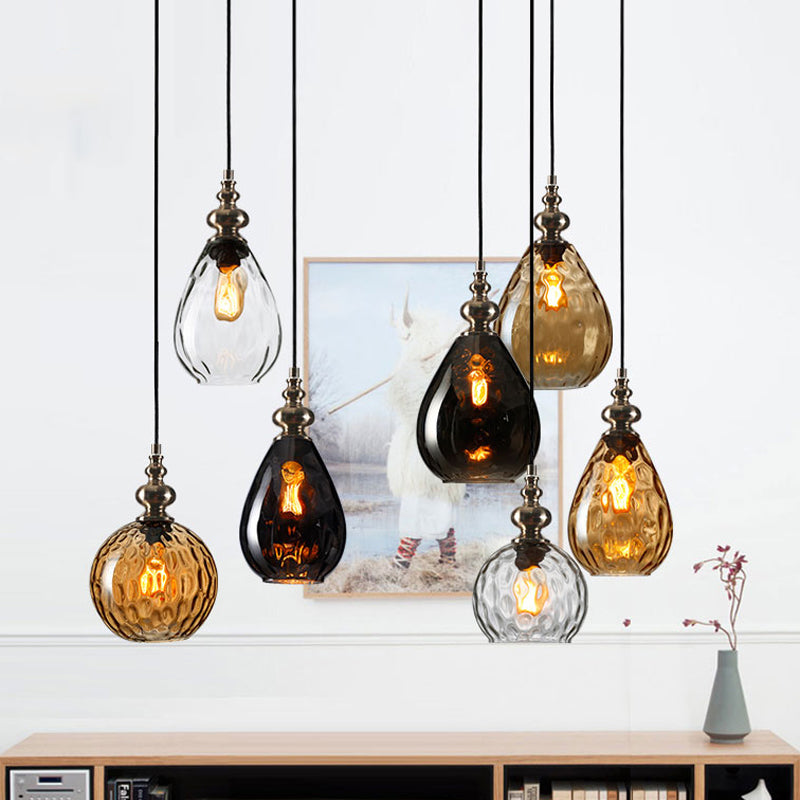 1 Bulb Raindrop Ceiling Hang Light Vintage Amber/Clear Water/Smoke Grey Glass Pendant Lamp with Gooseneck Arm Clearhalo 'Ceiling Lights' 'Glass shade' 'Glass' 'Industrial Pendants' 'Industrial' 'Middle Century Pendants' 'Pendant Lights' 'Pendants' 'Tiffany' Lighting' 1934402