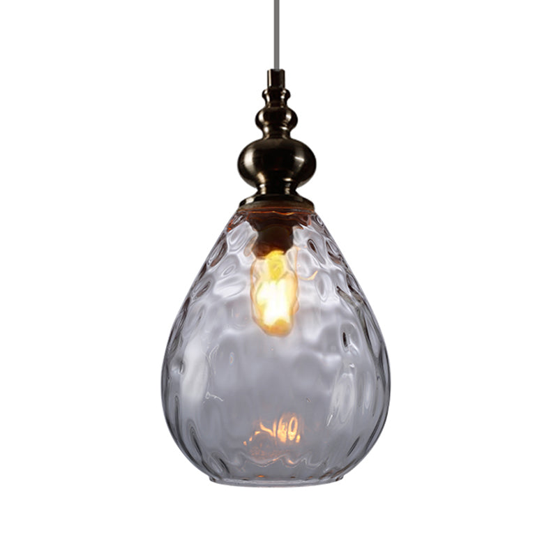 1 Bulb Raindrop Ceiling Hang Light Vintage Amber/Clear Water/Smoke Grey Glass Pendant Lamp with Gooseneck Arm Clearhalo 'Ceiling Lights' 'Glass shade' 'Glass' 'Industrial Pendants' 'Industrial' 'Middle Century Pendants' 'Pendant Lights' 'Pendants' 'Tiffany' Lighting' 1934403