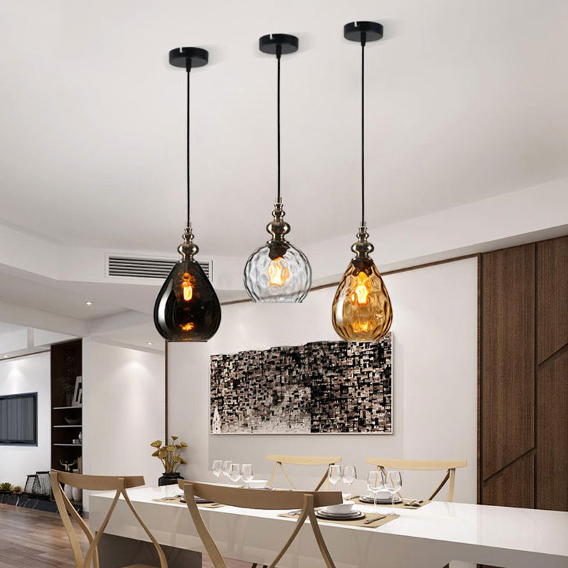 1 Bulb Raindrop Ceiling Hang Light Vintage Amber/Clear Water/Smoke Grey Glass Pendant Lamp with Gooseneck Arm Amber Clearhalo 'Ceiling Lights' 'Glass shade' 'Glass' 'Industrial Pendants' 'Industrial' 'Middle Century Pendants' 'Pendant Lights' 'Pendants' 'Tiffany' Lighting' 1934404
