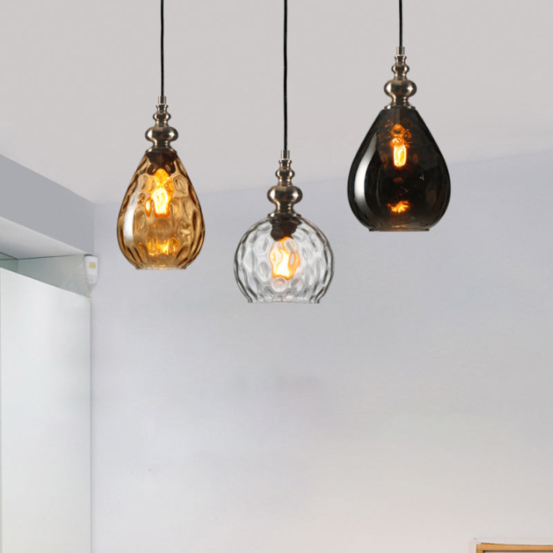 1 Bulb Raindrop Ceiling Hang Light Vintage Amber/Clear Water/Smoke Grey Glass Pendant Lamp with Gooseneck Arm Clearhalo 'Ceiling Lights' 'Glass shade' 'Glass' 'Industrial Pendants' 'Industrial' 'Middle Century Pendants' 'Pendant Lights' 'Pendants' 'Tiffany' Lighting' 1934405