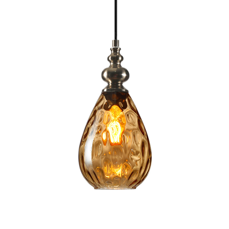 1 Bulb Raindrop Ceiling Hang Light Vintage Amber/Clear Water/Smoke Grey Glass Pendant Lamp with Gooseneck Arm Clearhalo 'Ceiling Lights' 'Glass shade' 'Glass' 'Industrial Pendants' 'Industrial' 'Middle Century Pendants' 'Pendant Lights' 'Pendants' 'Tiffany' Lighting' 1934406