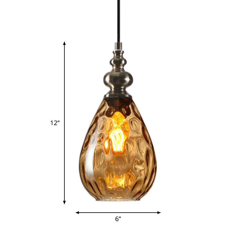 1 Bulb Raindrop Ceiling Hang Light Vintage Amber/Clear Water/Smoke Grey Glass Pendant Lamp with Gooseneck Arm Clearhalo 'Ceiling Lights' 'Glass shade' 'Glass' 'Industrial Pendants' 'Industrial' 'Middle Century Pendants' 'Pendant Lights' 'Pendants' 'Tiffany' Lighting' 1934407