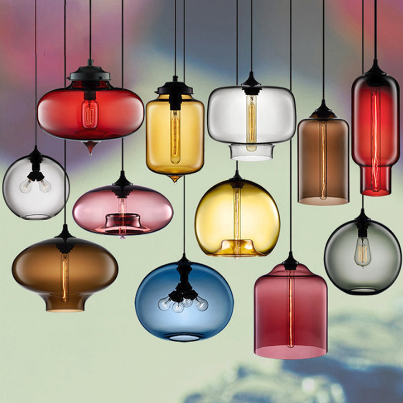 1 Bulb Cylindrical Hanging Light Industrial Clear/Blue/Amber Glass Ceiling Pendant Lamp for Restaurant Clear Clearhalo 'Ceiling Lights' 'Glass shade' 'Glass' 'Industrial Pendants' 'Industrial' 'Middle Century Pendants' 'Pendant Lights' 'Pendants' 'Tiffany' Lighting' 1934408