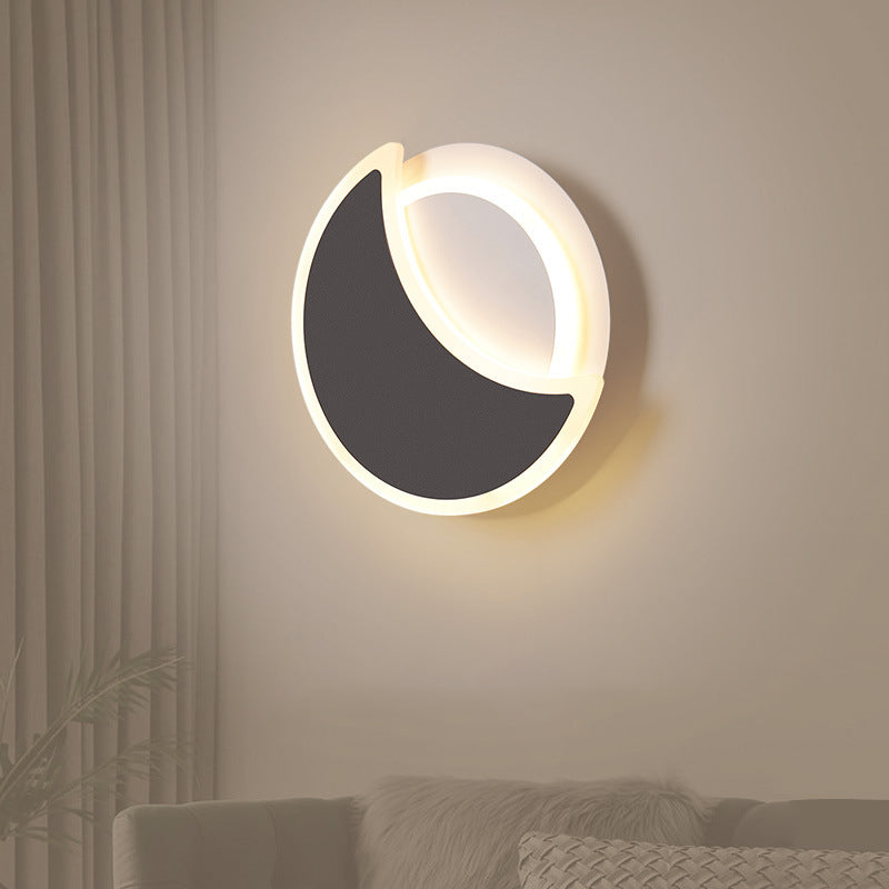 Acrylic Moon Eclipse Flush Wall Sconce Nordic Black/White LED Wall Mount Lamp in Warm/White Light for Bedroom Black Clearhalo 'Cast Iron' 'Glass' 'Industrial' 'Modern wall lights' 'Modern' 'Tiffany' 'Traditional wall lights' 'Wall Lamps & Sconces' 'Wall Lights' Lighting' 1934468