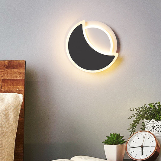 Acrylic Moon Eclipse Flush Wall Sconce Nordic Black/White LED Wall Mount Lamp in Warm/White Light for Bedroom Clearhalo 'Cast Iron' 'Glass' 'Industrial' 'Modern wall lights' 'Modern' 'Tiffany' 'Traditional wall lights' 'Wall Lamps & Sconces' 'Wall Lights' Lighting' 1934469