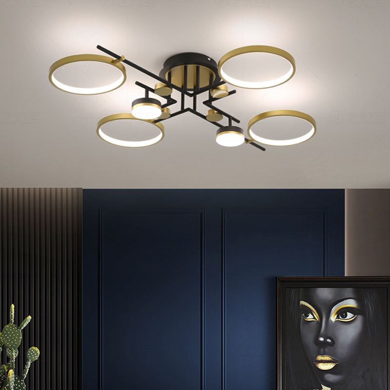 Modern 4/6-Light Semi Flush Mount Gold Hoop Ceiling Mount Chandelier with Metal Frame in Warm/White/3 Color Light 6 Gold Clearhalo 'Ceiling Lights' 'Close To Ceiling Lights' 'Close to ceiling' 'Semi-flushmount' Lighting' 1934517