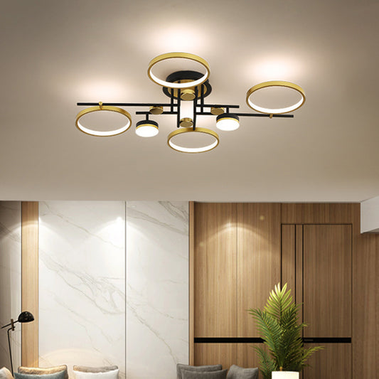 Modern 4/6-Light Semi Flush Mount Gold Hoop Ceiling Mount Chandelier with Metal Frame in Warm/White/3 Color Light Clearhalo 'Ceiling Lights' 'Close To Ceiling Lights' 'Close to ceiling' 'Semi-flushmount' Lighting' 1934518