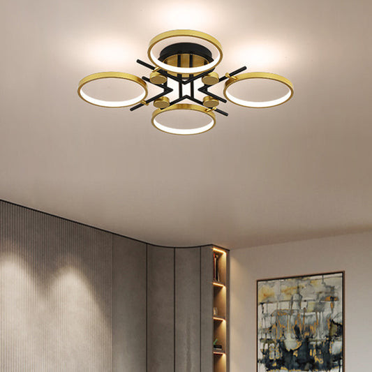 Modern 4/6-Light Semi Flush Mount Gold Hoop Ceiling Mount Chandelier with Metal Frame in Warm/White/3 Color Light 4 Gold Clearhalo 'Ceiling Lights' 'Close To Ceiling Lights' 'Close to ceiling' 'Semi-flushmount' Lighting' 1934521