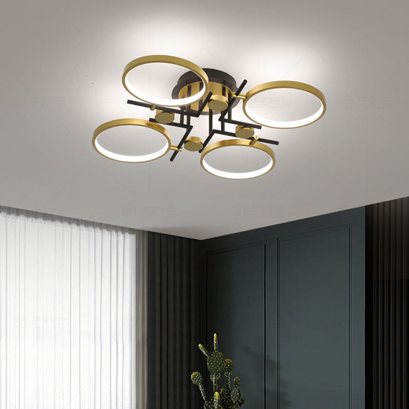 Modern 4/6-Light Semi Flush Mount Gold Hoop Ceiling Mount Chandelier with Metal Frame in Warm/White/3 Color Light Clearhalo 'Ceiling Lights' 'Close To Ceiling Lights' 'Close to ceiling' 'Semi-flushmount' Lighting' 1934522