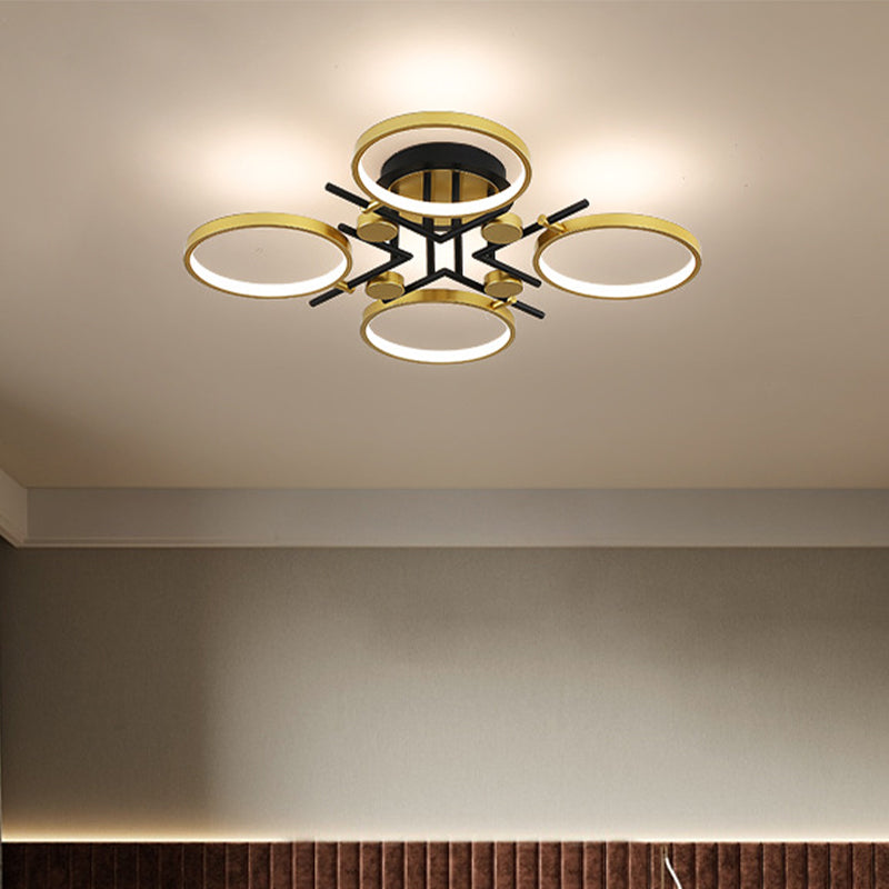 Modern 4/6-Light Semi Flush Mount Gold Hoop Ceiling Mount Chandelier with Metal Frame in Warm/White/3 Color Light Clearhalo 'Ceiling Lights' 'Close To Ceiling Lights' 'Close to ceiling' 'Semi-flushmount' Lighting' 1934523