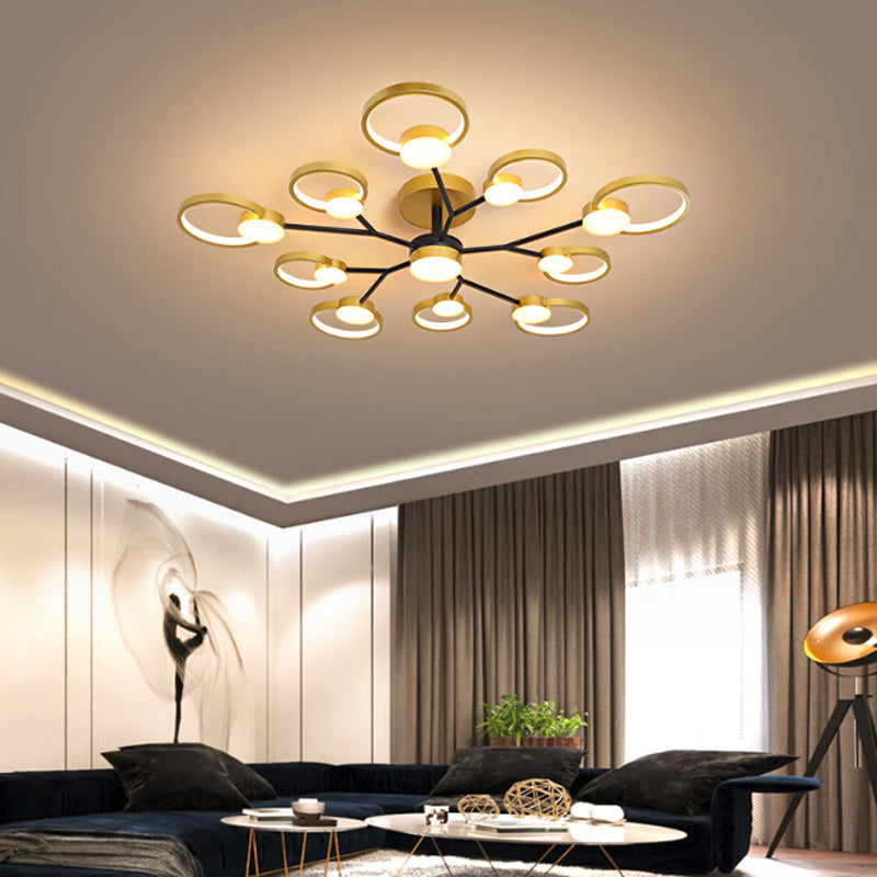 Branched Bedroom Semi Flush Light Metallic 6/9 Lights Modern Ceiling Mount Lamp in Black/Gold, Warm/White Light 9 Gold Clearhalo 'Ceiling Lights' 'Close To Ceiling Lights' 'Close to ceiling' 'Semi-flushmount' Lighting' 1934534