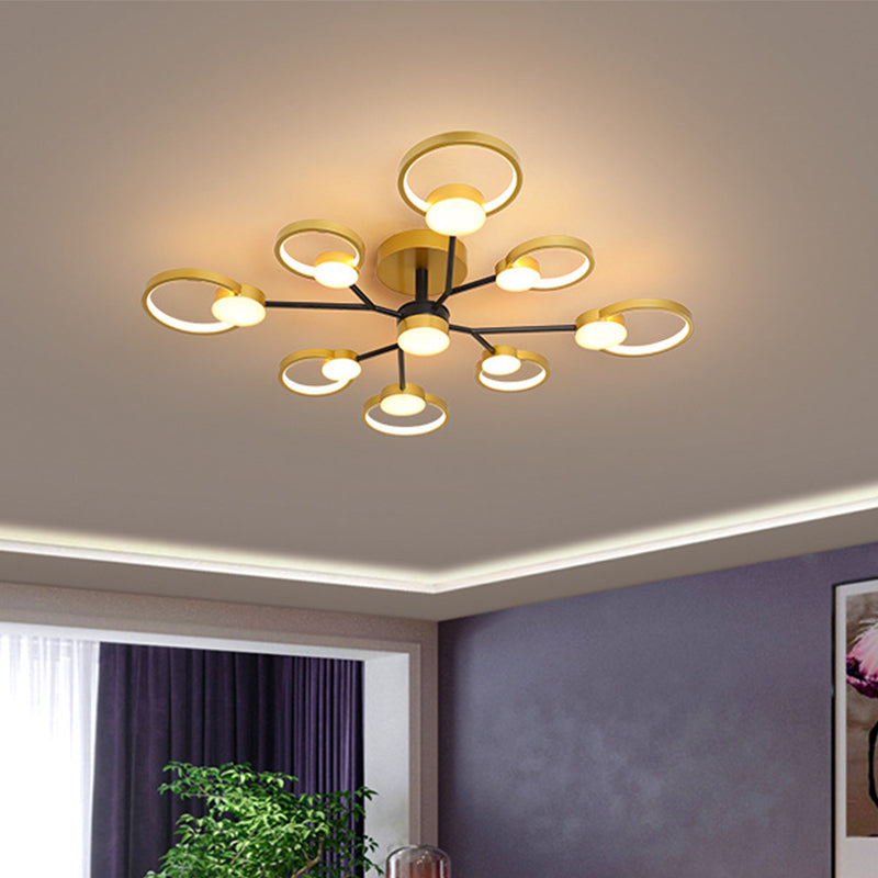 Branched Bedroom Semi Flush Light Metallic 6/9 Lights Modern Ceiling Mount Lamp in Black/Gold, Warm/White Light Clearhalo 'Ceiling Lights' 'Close To Ceiling Lights' 'Close to ceiling' 'Semi-flushmount' Lighting' 1934535