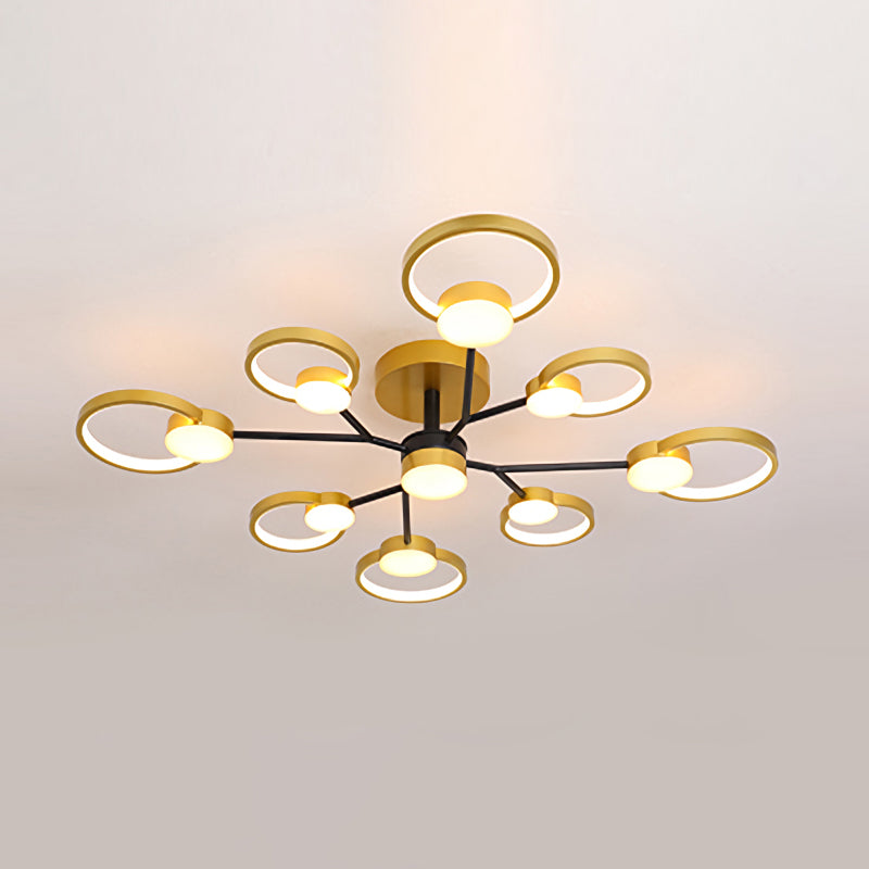 Branched Bedroom Semi Flush Light Metallic 6/9 Lights Modern Ceiling Mount Lamp in Black/Gold, Warm/White Light Clearhalo 'Ceiling Lights' 'Close To Ceiling Lights' 'Close to ceiling' 'Semi-flushmount' Lighting' 1934537