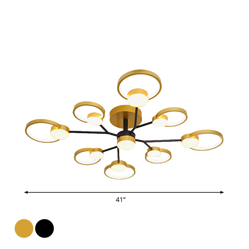 Branched Bedroom Semi Flush Light Metallic 6/9 Lights Modern Ceiling Mount Lamp in Black/Gold, Warm/White Light Clearhalo 'Ceiling Lights' 'Close To Ceiling Lights' 'Close to ceiling' 'Semi-flushmount' Lighting' 1934538