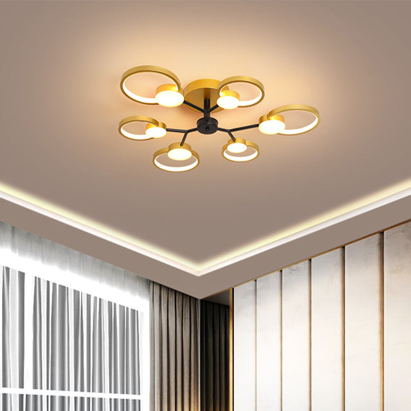 Branched Bedroom Semi Flush Light Metallic 6/9 Lights Modern Ceiling Mount Lamp in Black/Gold, Warm/White Light 6 Gold Clearhalo 'Ceiling Lights' 'Close To Ceiling Lights' 'Close to ceiling' 'Semi-flushmount' Lighting' 1934539