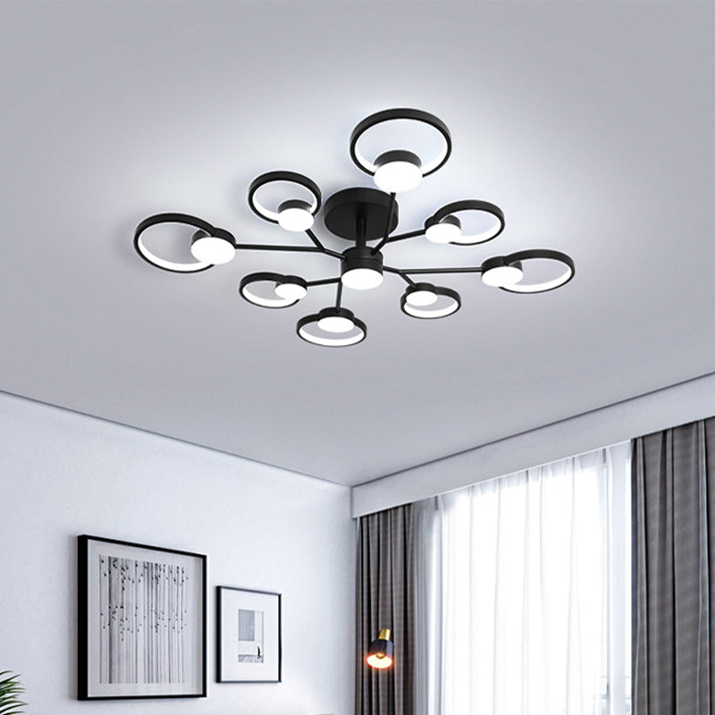 Branched Bedroom Semi Flush Light Metallic 6/9 Lights Modern Ceiling Mount Lamp in Black/Gold, Warm/White Light 9 Black Clearhalo 'Ceiling Lights' 'Close To Ceiling Lights' 'Close to ceiling' 'Semi-flushmount' Lighting' 1934543