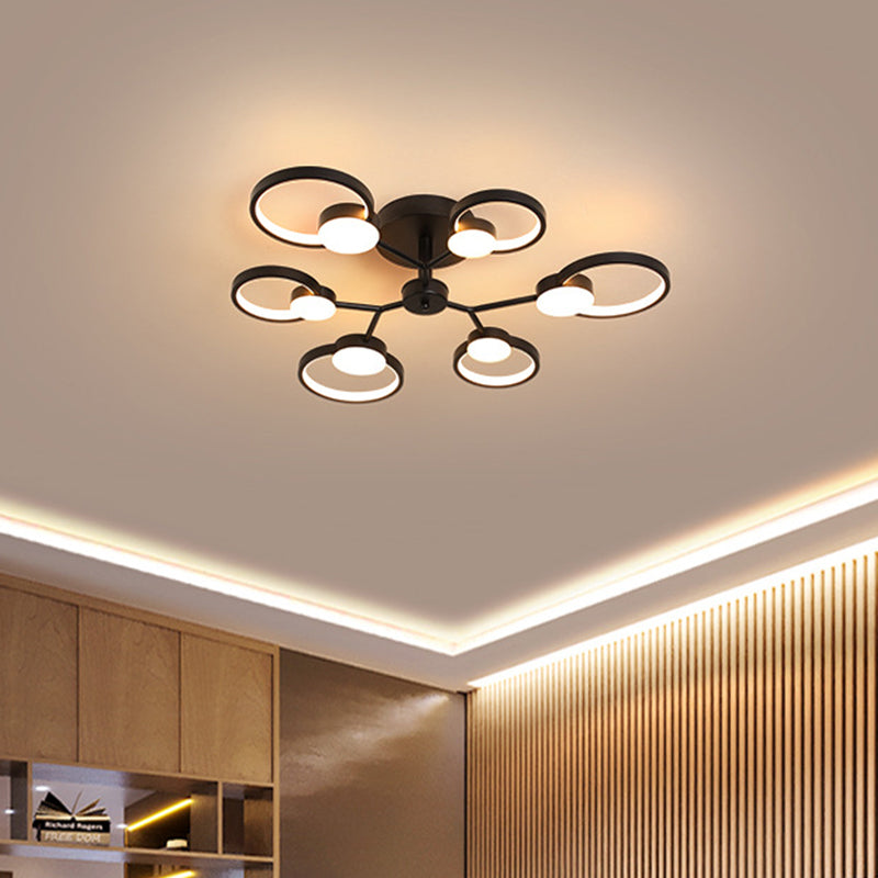 Branched Bedroom Semi Flush Light Metallic 6/9 Lights Modern Ceiling Mount Lamp in Black/Gold, Warm/White Light 6 Black Clearhalo 'Ceiling Lights' 'Close To Ceiling Lights' 'Close to ceiling' 'Semi-flushmount' Lighting' 1934546