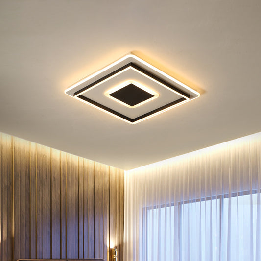 Living Room LED Flush-Mount Light Modern Black Ceiling Lamp with Concentric Round/Square/Rectangle Acrylic Shade, White/3 Color Light Black Square Clearhalo 'Ceiling Lights' 'Close To Ceiling Lights' 'Close to ceiling' 'Flush mount' Lighting' 1934706