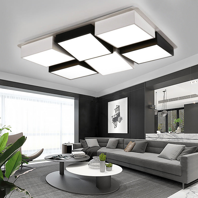 Square/Rectangular LED Flushmount Nordic Metal 4/6 Lights Black and White Checkered Ceiling Lighting in White/3 Color Light 6 Black Clearhalo 'Ceiling Lights' 'Close To Ceiling Lights' 'Close to ceiling' 'Flush mount' Lighting' 1935098