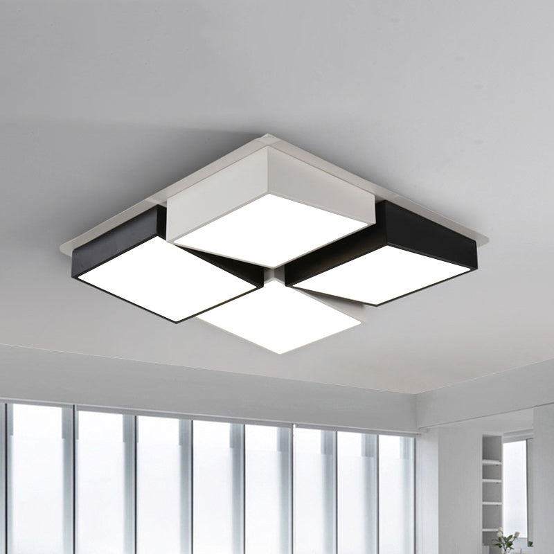 Square/Rectangular LED Flushmount Nordic Metal 4/6 Lights Black and White Checkered Ceiling Lighting in White/3 Color Light 4 Black Clearhalo 'Ceiling Lights' 'Close To Ceiling Lights' 'Close to ceiling' 'Flush mount' Lighting' 1935103