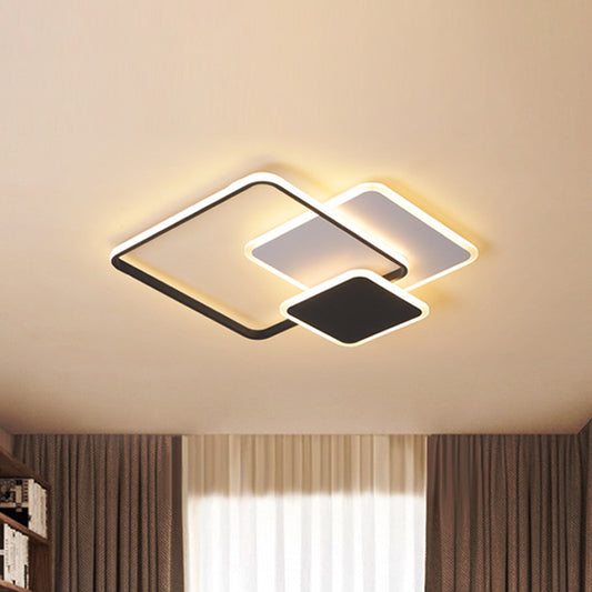 3-Layer Square Acrylic Flushmount Contemporary Black and White LED Ceiling Lighting in Warm/White/3 Color Light, 19.5"/23.5" Wide Black Clearhalo 'Ceiling Lights' 'Close To Ceiling Lights' 'Close to ceiling' 'Flush mount' Lighting' 1935242