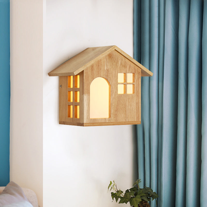 Kids Lodge Shaped Wall Sconce Wood Beige Sconce Light for Restaurant Child Bedroom Wood Clearhalo 'Wall Lamps & Sconces' 'Wall Lights' Lighting' 193529