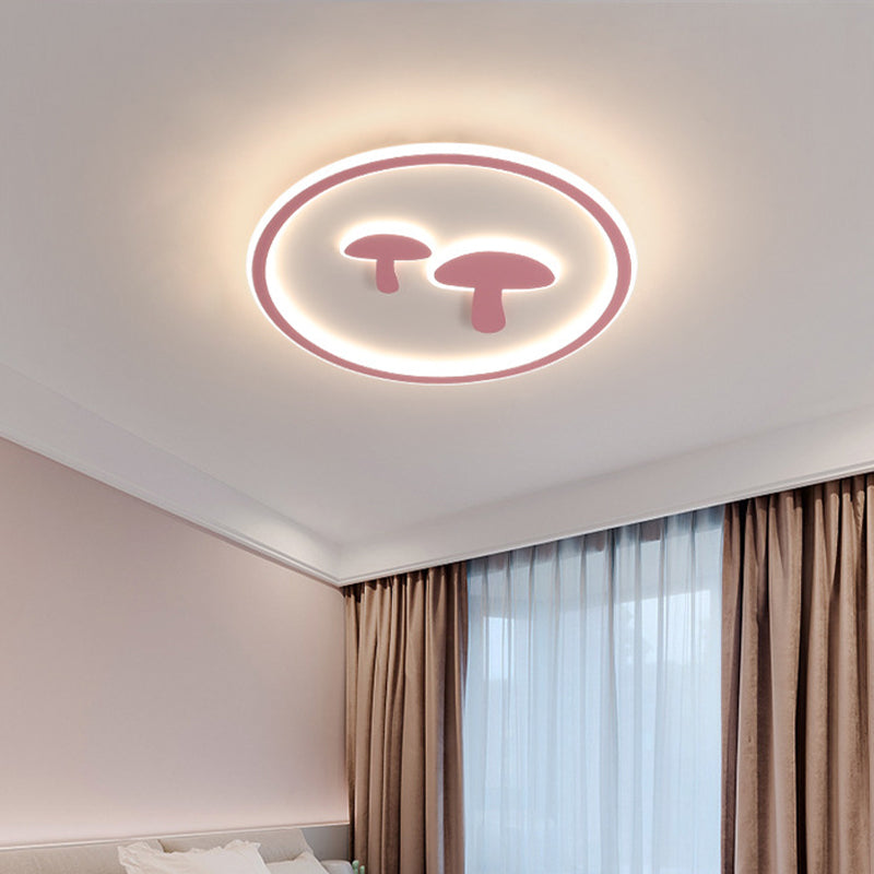 Mushroom Circular Baby Room Ceiling Lamp Acrylic 16"/19.5" Dia LED Cartoon Flush Mounted Light in White/Pink/Gold Pink Clearhalo 'Ceiling Lights' 'Close To Ceiling Lights' 'Close to ceiling' 'Flush mount' Lighting' 1935739