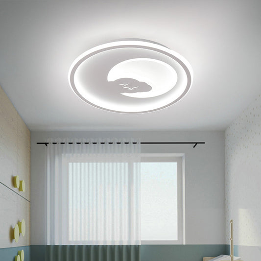 Pink/White Circle LED Ceiling Fixture Modern 16"/19.5" Dia LED Acrylic Flush Mount Light with Moon and Bird Pattern, Warm/White Light Clearhalo 'Ceiling Lights' 'Close To Ceiling Lights' 'Close to ceiling' 'Flush mount' Lighting' 1935747