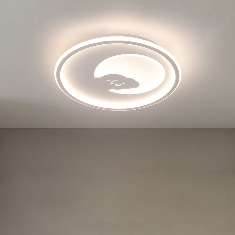 Pink/White Circle LED Ceiling Fixture Modern 16"/19.5" Dia LED Acrylic Flush Mount Light with Moon and Bird Pattern, Warm/White Light Clearhalo 'Ceiling Lights' 'Close To Ceiling Lights' 'Close to ceiling' 'Flush mount' Lighting' 1935748