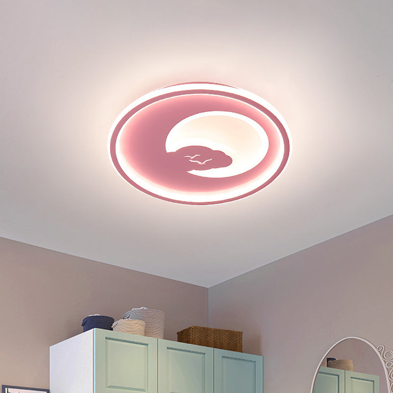 Pink/White Circle LED Ceiling Fixture Modern 16"/19.5" Dia LED Acrylic Flush Mount Light with Moon and Bird Pattern, Warm/White Light Pink Clearhalo 'Ceiling Lights' 'Close To Ceiling Lights' 'Close to ceiling' 'Flush mount' Lighting' 1935752