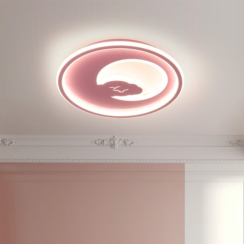 Pink/White Circle LED Ceiling Fixture Modern 16"/19.5" Dia LED Acrylic Flush Mount Light with Moon and Bird Pattern, Warm/White Light Clearhalo 'Ceiling Lights' 'Close To Ceiling Lights' 'Close to ceiling' 'Flush mount' Lighting' 1935753