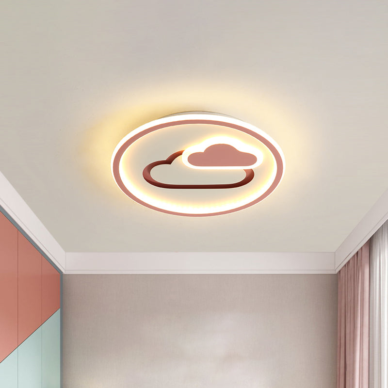 Kids Style Cloud Flush Mount Light Acrylic 16"/19.5" Wide Nursery Ultra-Thin Circle LED Ceiling Lighting in Pink/Blue/Black Pink Clearhalo 'Ceiling Lights' 'Close To Ceiling Lights' 'Close to ceiling' 'Flush mount' Lighting' 1935761