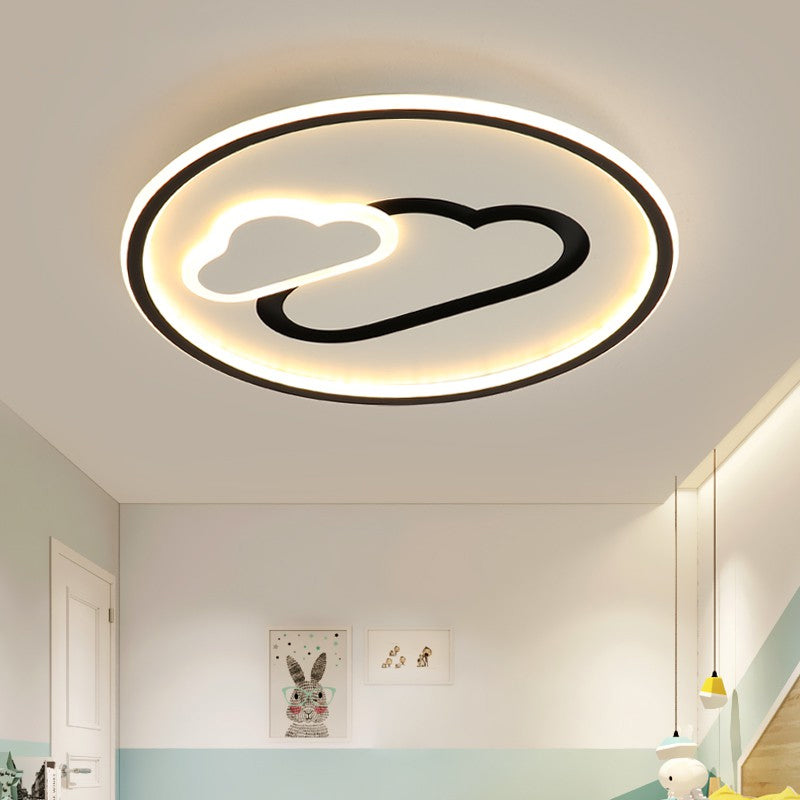 Kids Style Cloud Flush Mount Light Acrylic 16"/19.5" Wide Nursery Ultra-Thin Circle LED Ceiling Lighting in Pink/Blue/Black Black Clearhalo 'Ceiling Lights' 'Close To Ceiling Lights' 'Close to ceiling' 'Flush mount' Lighting' 1935765