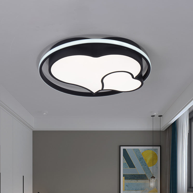 Integrated LED Bedroom Flush Light Modern Black Ceiling Mount Lamp with Semicircle/Loving Heart/Star Acrylic Shade, Warm/White Light Black Loving Heart Clearhalo 'Ceiling Lights' 'Close To Ceiling Lights' 'Close to ceiling' 'Flush mount' Lighting' 1935793