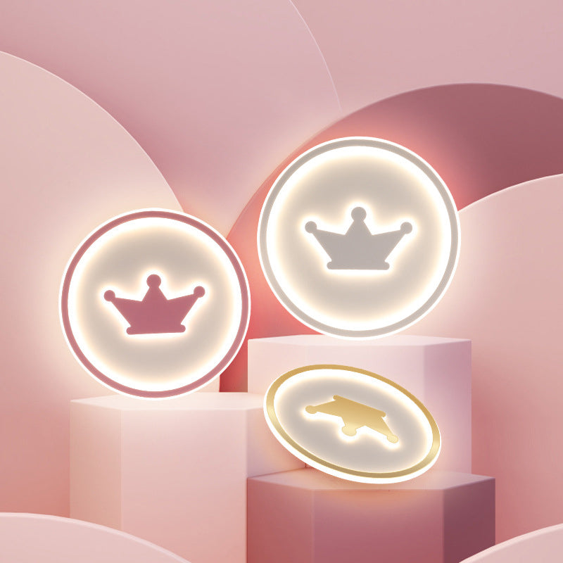 Cartoon Crown Flush Mount Light Acrylic Kids Room LED Circular Ceiling Lamp in Pink/Gold/White, 16"/19.5" Width Clearhalo 'Ceiling Lights' 'Close To Ceiling Lights' 'Close to ceiling' 'Flush mount' Lighting' 1935824