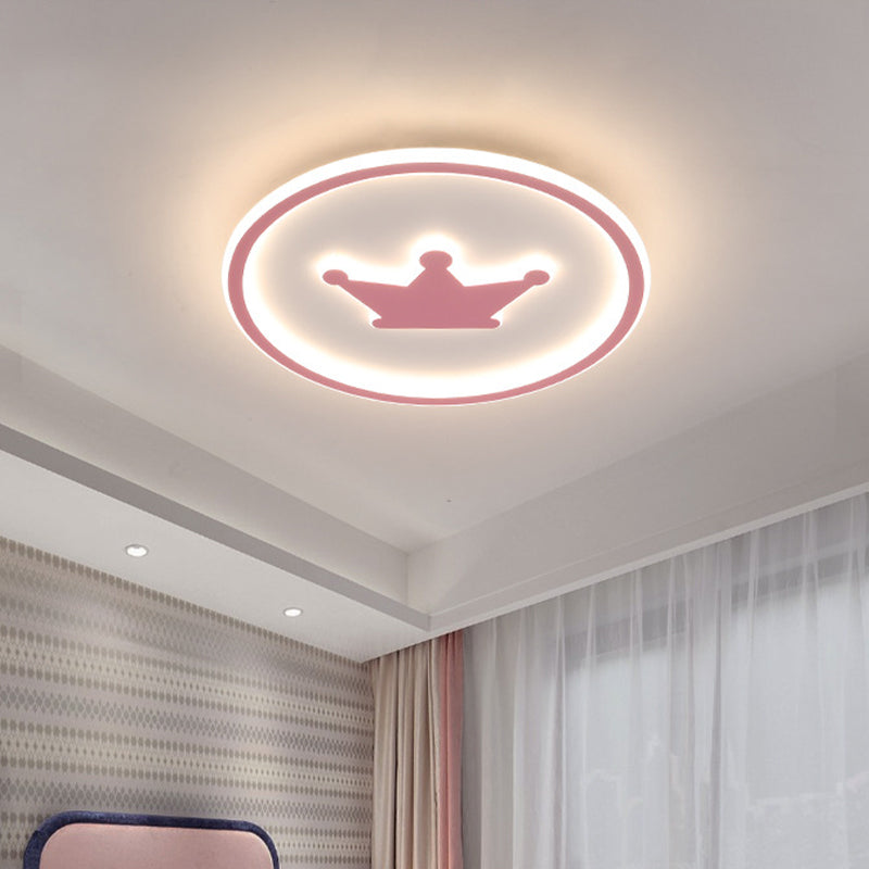 Cartoon Crown Flush Mount Light Acrylic Kids Room LED Circular Ceiling Lamp in Pink/Gold/White, 16"/19.5" Width Pink Clearhalo 'Ceiling Lights' 'Close To Ceiling Lights' 'Close to ceiling' 'Flush mount' Lighting' 1935829