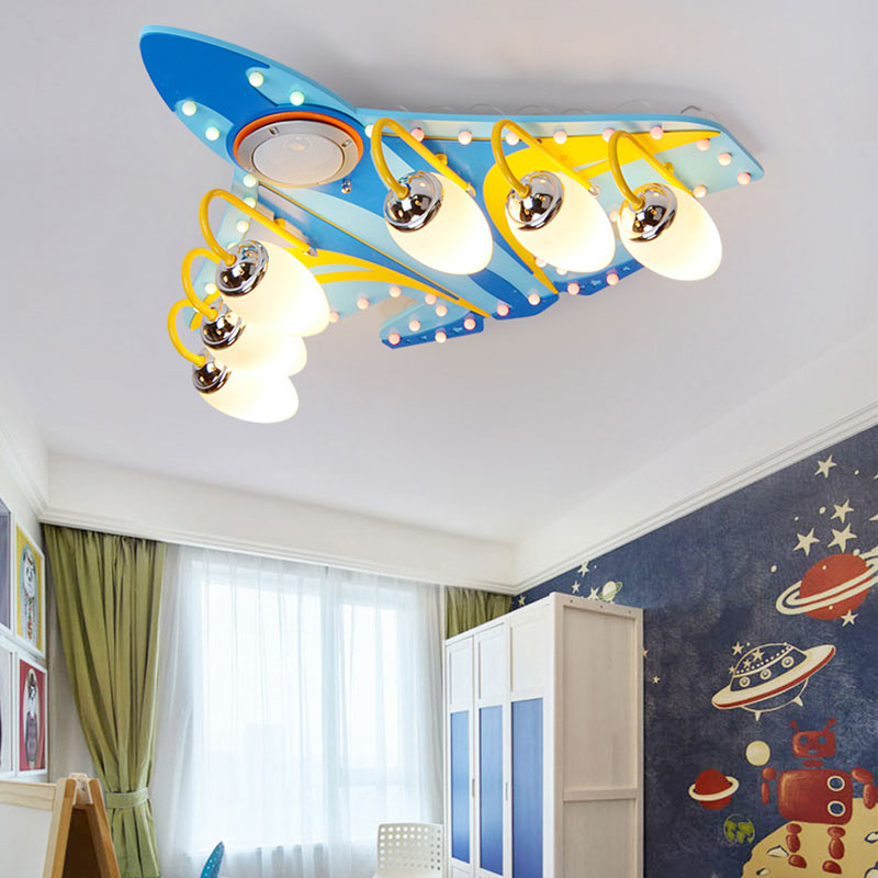 Contemporary Blue Flush Ceiling Light Fighter Plane 6 Lights Wood Ceiling Lamp for Nursing Room Blue Clearhalo 'Ceiling Lights' 'Close To Ceiling Lights' 'Close to ceiling' 'Flush mount' Lighting' 193587