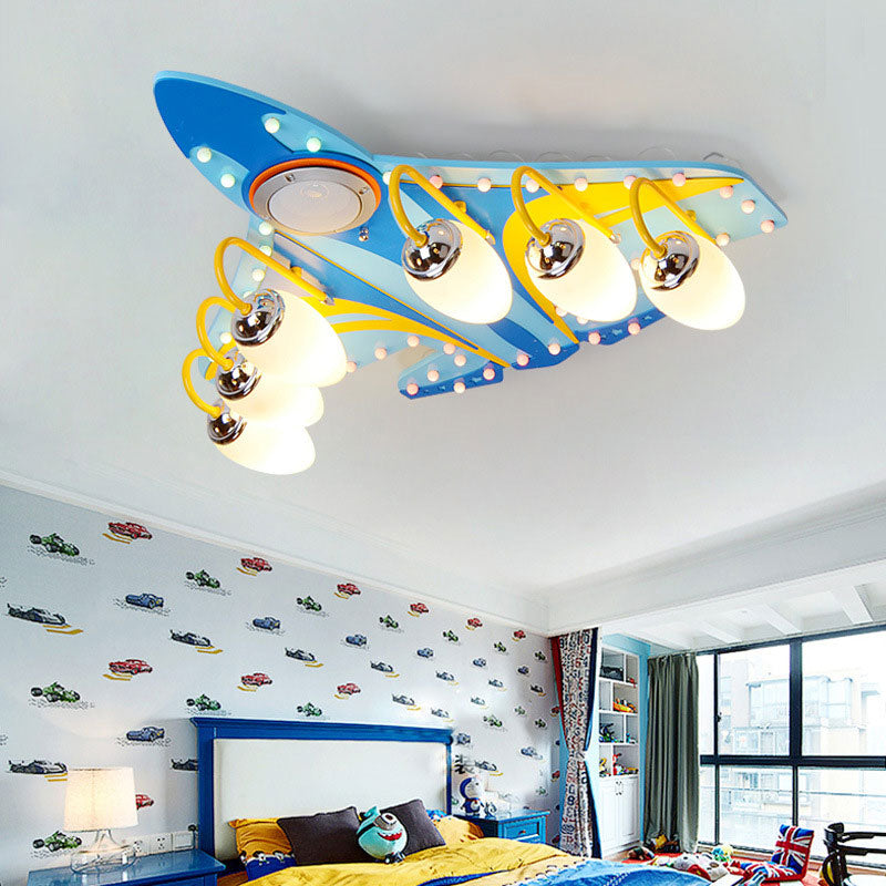 Contemporary Blue Flush Ceiling Light Fighter Plane 6 Lights Wood Ceiling Lamp for Nursing Room Clearhalo 'Ceiling Lights' 'Close To Ceiling Lights' 'Close to ceiling' 'Flush mount' Lighting' 193588