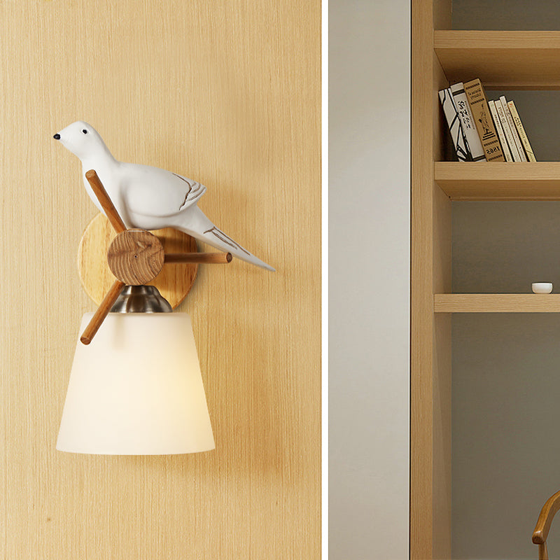 Frosted Glass Tapered Shade Wall Light with Bird 1 Light Contemporary Wall Lamp in White for Library White B Clearhalo 'Wall Lamps & Sconces' 'Wall Lights' Lighting' 193597