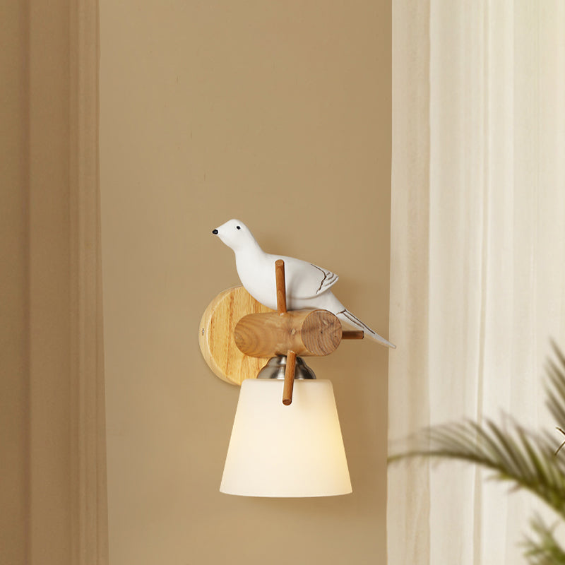 Frosted Glass Tapered Shade Wall Light with Bird 1 Light Contemporary Wall Lamp in White for Library Clearhalo 'Wall Lamps & Sconces' 'Wall Lights' Lighting' 193598