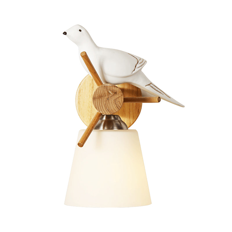 Frosted Glass Tapered Shade Wall Light with Bird 1 Light Contemporary Wall Lamp in White for Library Clearhalo 'Wall Lamps & Sconces' 'Wall Lights' Lighting' 193599