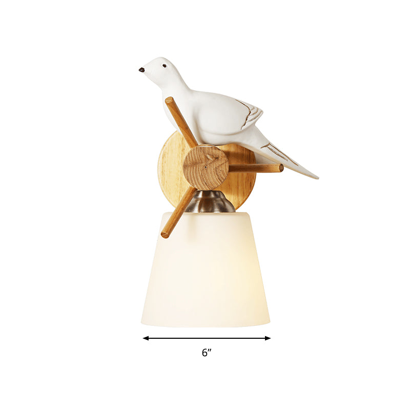 Frosted Glass Tapered Shade Wall Light with Bird 1 Light Contemporary Wall Lamp in White for Library Clearhalo 'Wall Lamps & Sconces' 'Wall Lights' Lighting' 193600