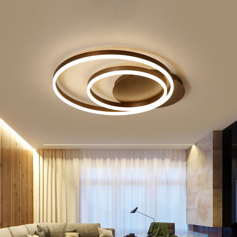 Metallic Dual-Ring Ceiling Light Modern 16"/19.5"/23.5" Dia LED Coffee Flush Mounted Lamp in Warm/White Light for Living Room Clearhalo 'Ceiling Lights' 'Close To Ceiling Lights' 'Close to ceiling' 'Flush mount' Lighting' 1936014