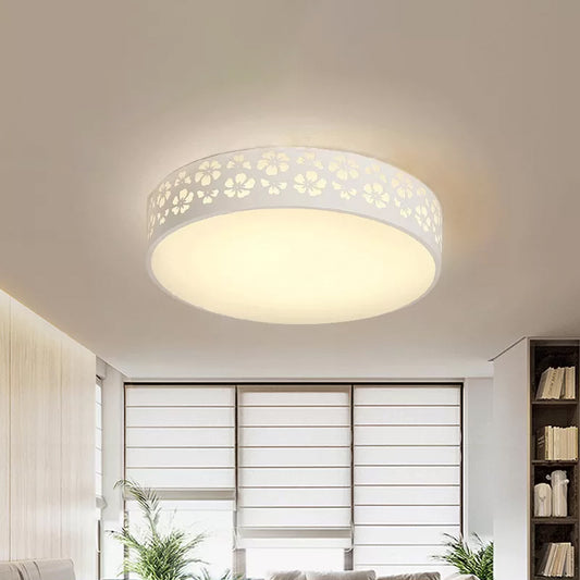 15"/19" Wide Drum Metal Ceiling Lamp Modern White LED Flush Mounted Light with Cutout Flower, White/3 Color Light White Clearhalo 'Ceiling Lights' 'Close To Ceiling Lights' 'Close to ceiling' 'Flush mount' Lighting' 1936171