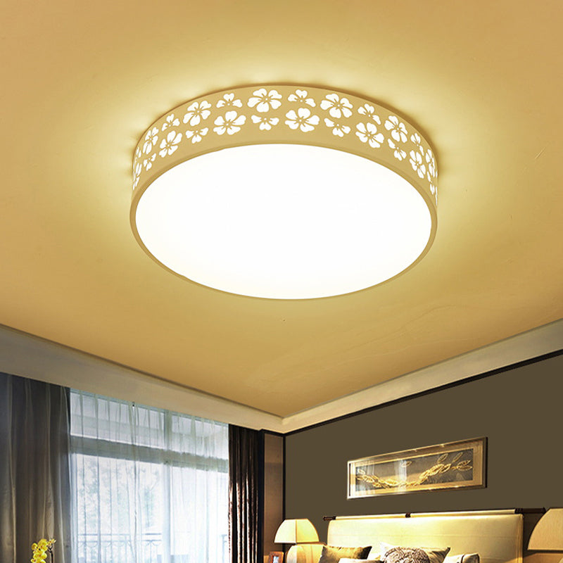 15"/19" Wide Drum Metal Ceiling Lamp Modern White LED Flush Mounted Light with Cutout Flower, White/3 Color Light Clearhalo 'Ceiling Lights' 'Close To Ceiling Lights' 'Close to ceiling' 'Flush mount' Lighting' 1936172