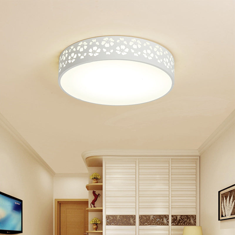 15"/19" Wide Drum Metal Ceiling Lamp Modern White LED Flush Mounted Light with Cutout Flower, White/3 Color Light Clearhalo 'Ceiling Lights' 'Close To Ceiling Lights' 'Close to ceiling' 'Flush mount' Lighting' 1936173